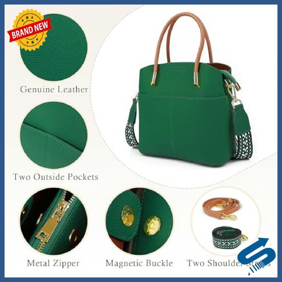 Genuine Leather Bucket Bag with 2 Straps, Spacious Shoulder Purse - Picture 4 of 8